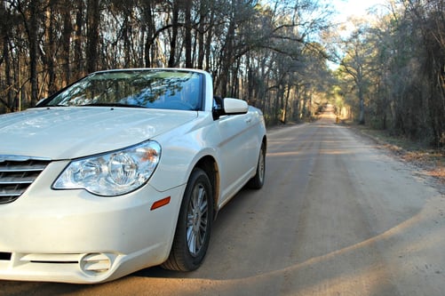 Convertible on a dirt road